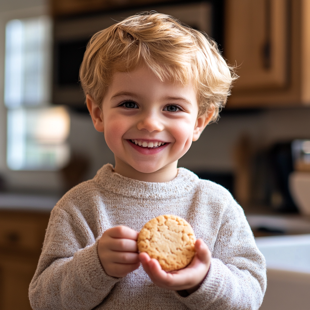 Un niño con una galleta en la mano | Fuente: Midjourney