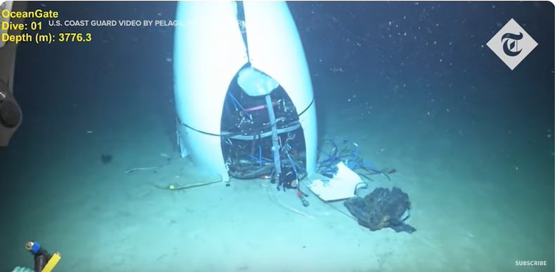 Los restos del submarino Titán OceanGate descubiertos en el lecho marino en nuevas imágenes, de un vídeo de YouTube, fechado el 18 de septiembre de 2024 | Fuente: Youtube/@telegraph