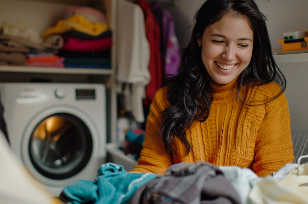Una donna che ride mentre fa il bucato | Fonte: MidJourney