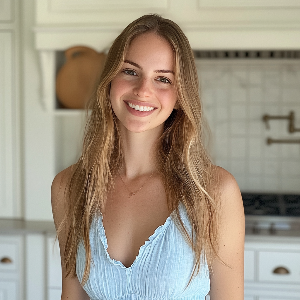 Una mujer sonriente con un vestido azul | Fuente: Midjourney