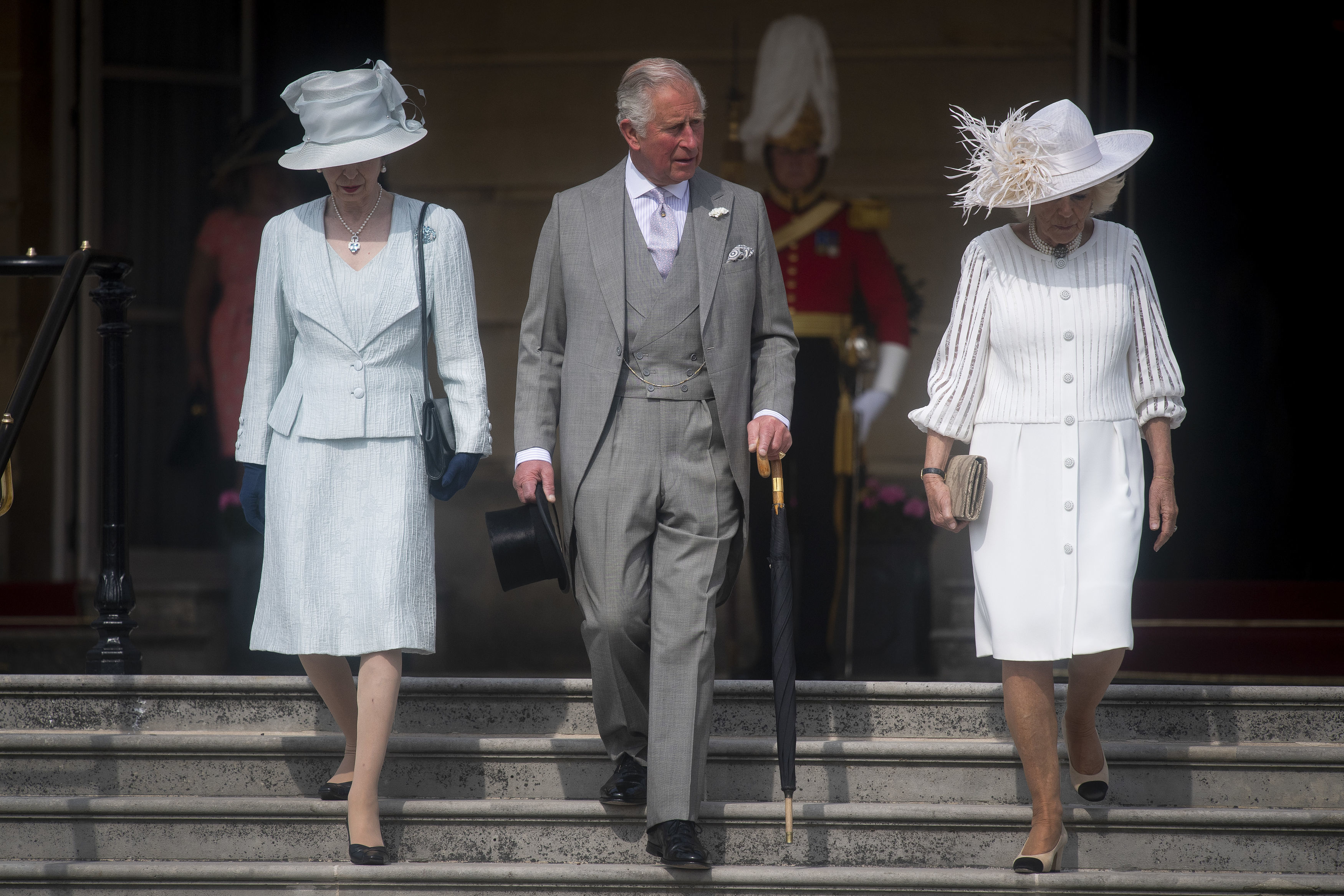 La princesa Anne, el rey Charles III y la reina Camilla durante una fiesta en el jardín del Palacio de Buckingham el 15 de mayo de 2019, en Londres, Inglaterra. | Fuente: Getty Images