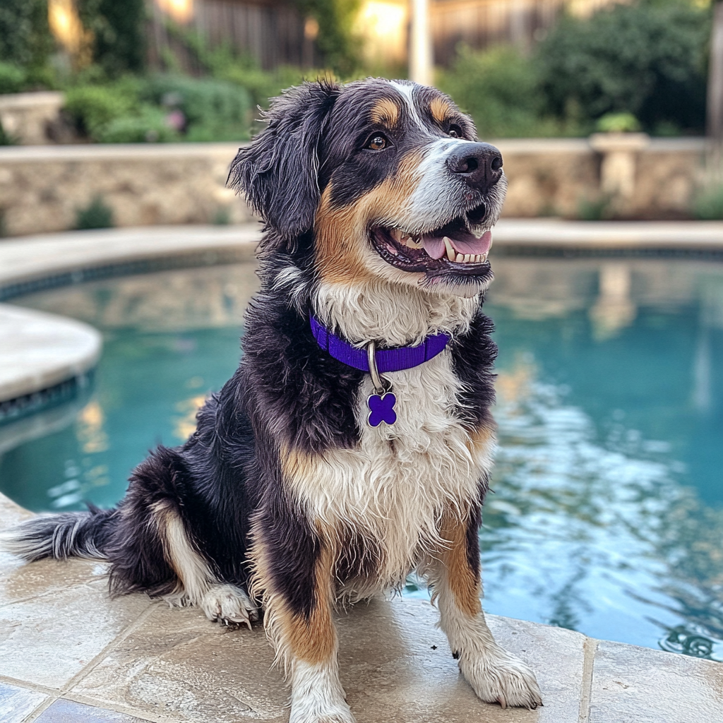 Un perro sentado junto a una piscina | Fuente: Midjourney