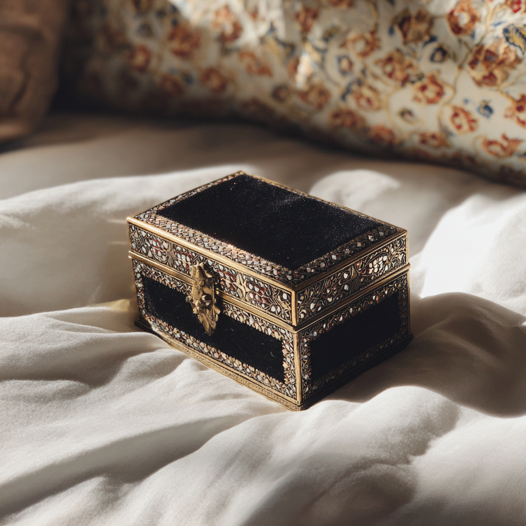 Un portagioie di velluto su un letto | Fonte: Midjourney