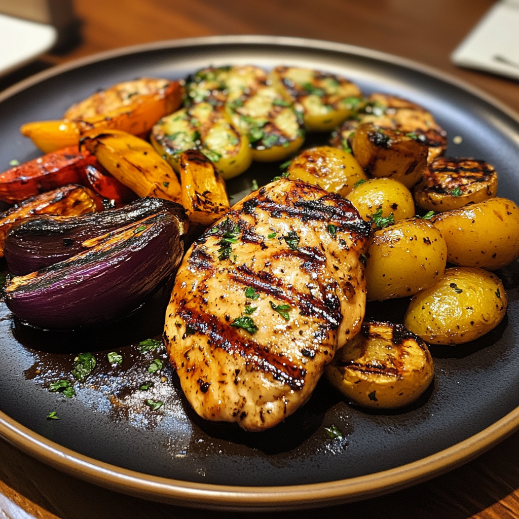 Un plato de pollo y verduras a la plancha | Fuente: Midjourney