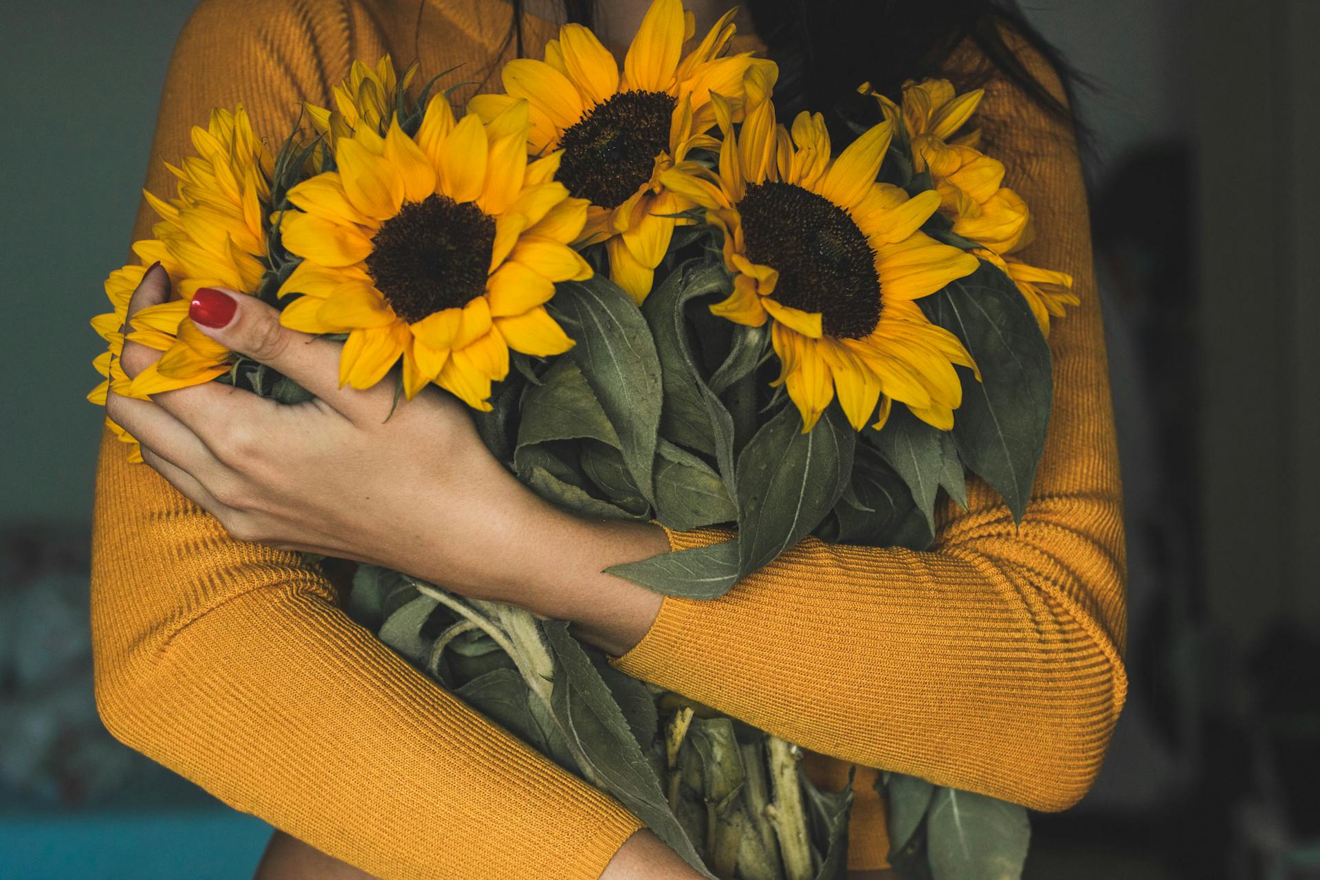 Una mujer sujetando un ramo de girasoles | Fuente: Pexels