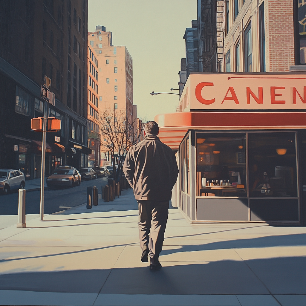 Un hombre caminando hacia una cafetería | Fuente: Midjourney