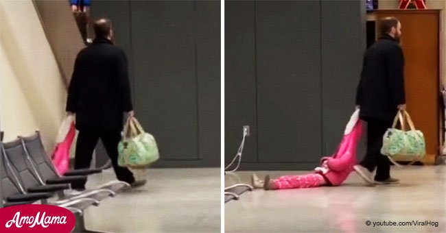 Niña agotada se negó a caminar, así que su papá la arrastra por el aeropuerto en hilarante video