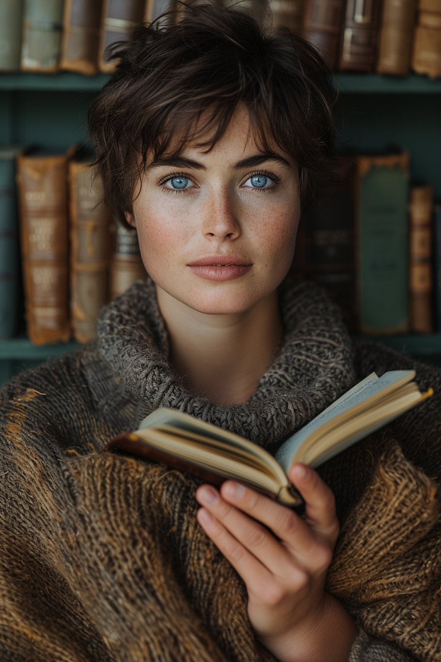 Una mujer posando con un libro | Fuente: Midjourney