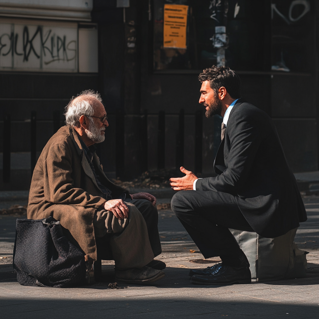 Un empresario de éxito hablando con un vagabundo en la calle | Fuente: Midjourney