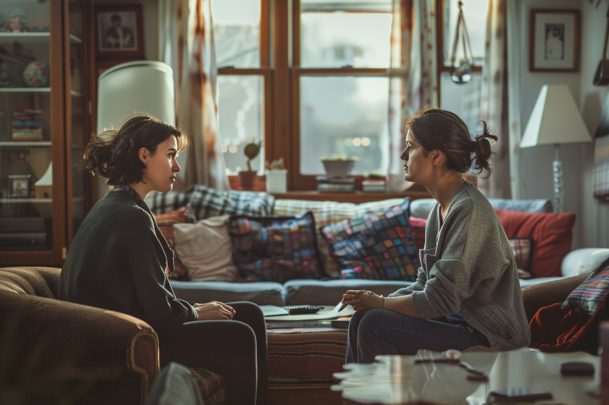 Dos mujeres sentadas una frente a la otra | Fuente: MidJourney