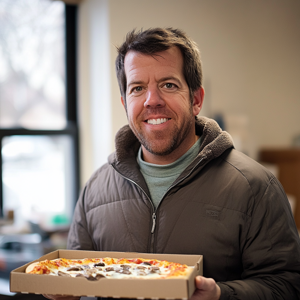 Un hombre llevando pizza | Fuente: Midjourney