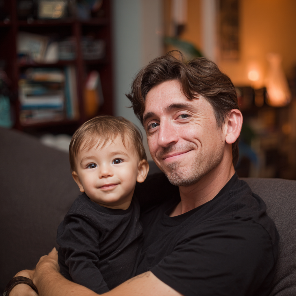 Un hombre sonriente sosteniendo a tu hijo | Fuente: Midjourney