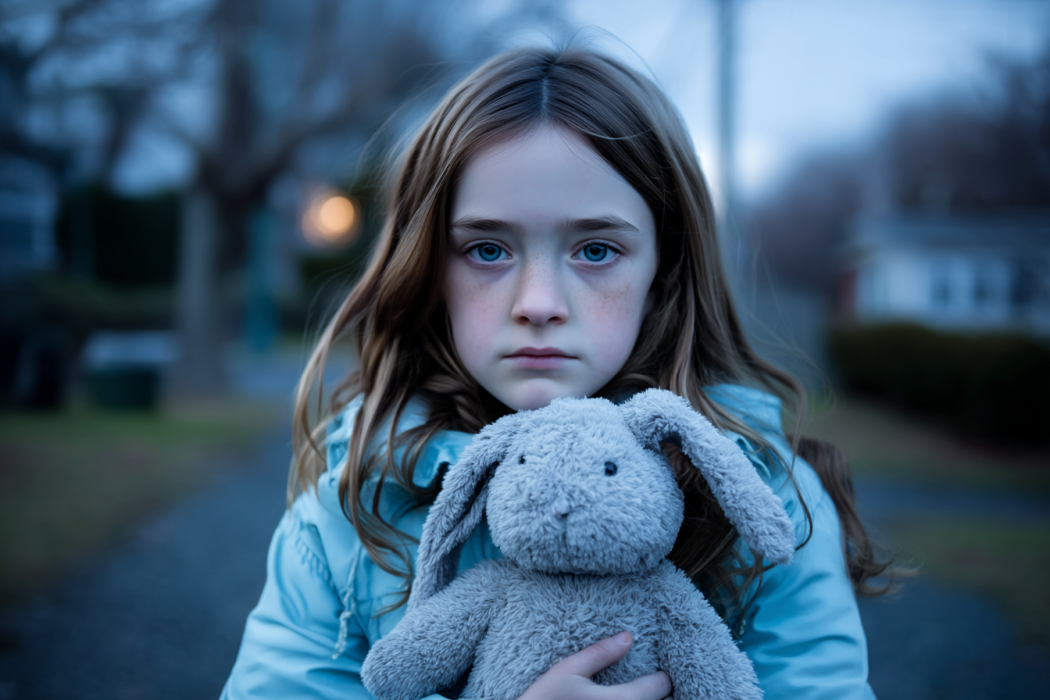 Una niña triste sosteniendo su conejo de peluche | Fuente: Midjourney