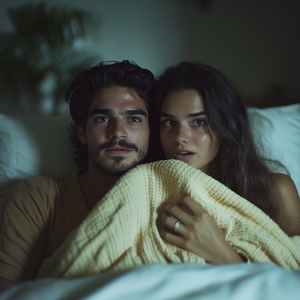 Una pareja asustada que no puede dormir | Fuente: Midjourney