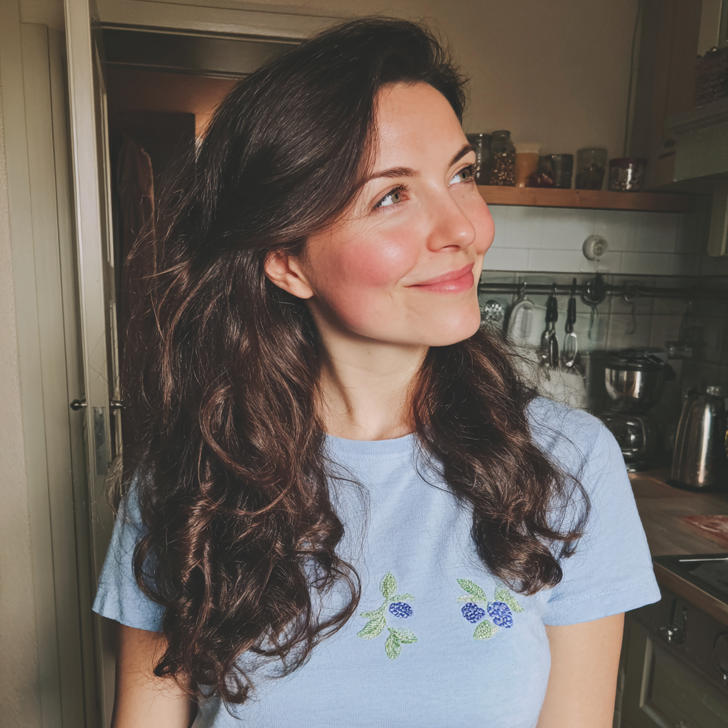 Una donna sorridente in piedi in una cucina Fonte: Midjourney