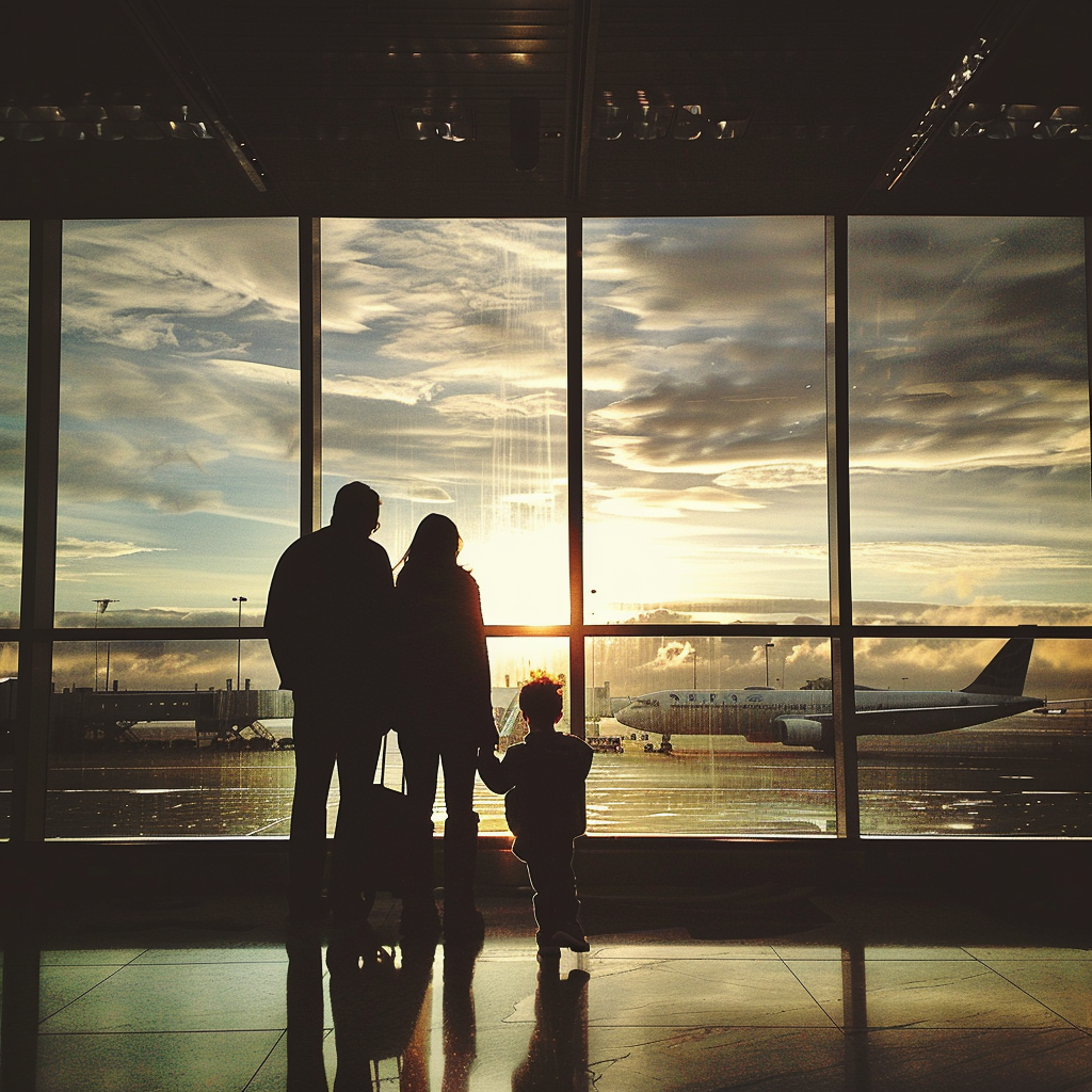Una pareja con un niño pequeño en el aeropuerto | Fuente: Midjourney