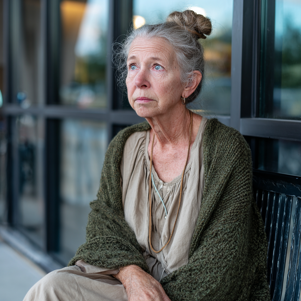 Una anciana sentada en un banco | Fuente: Midjourney