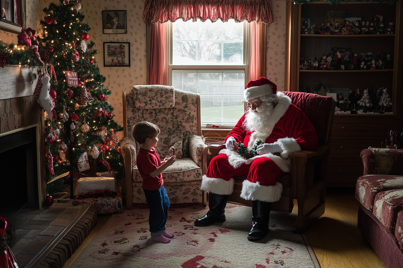 Papá Noel sentado en un salón, jugando con un niño | Fuente: Midjourney