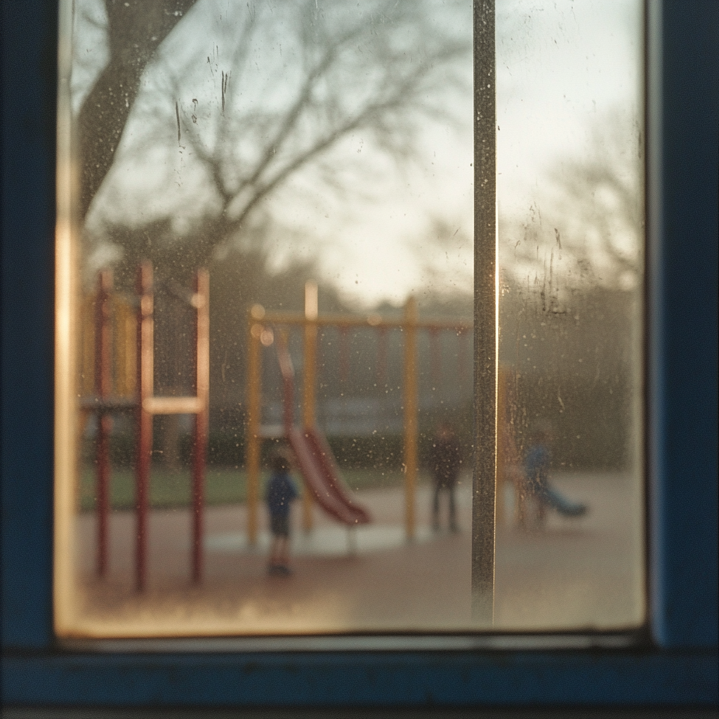 Una ventana que muestra a niños jugando en el patio | Fuente: Midjourney