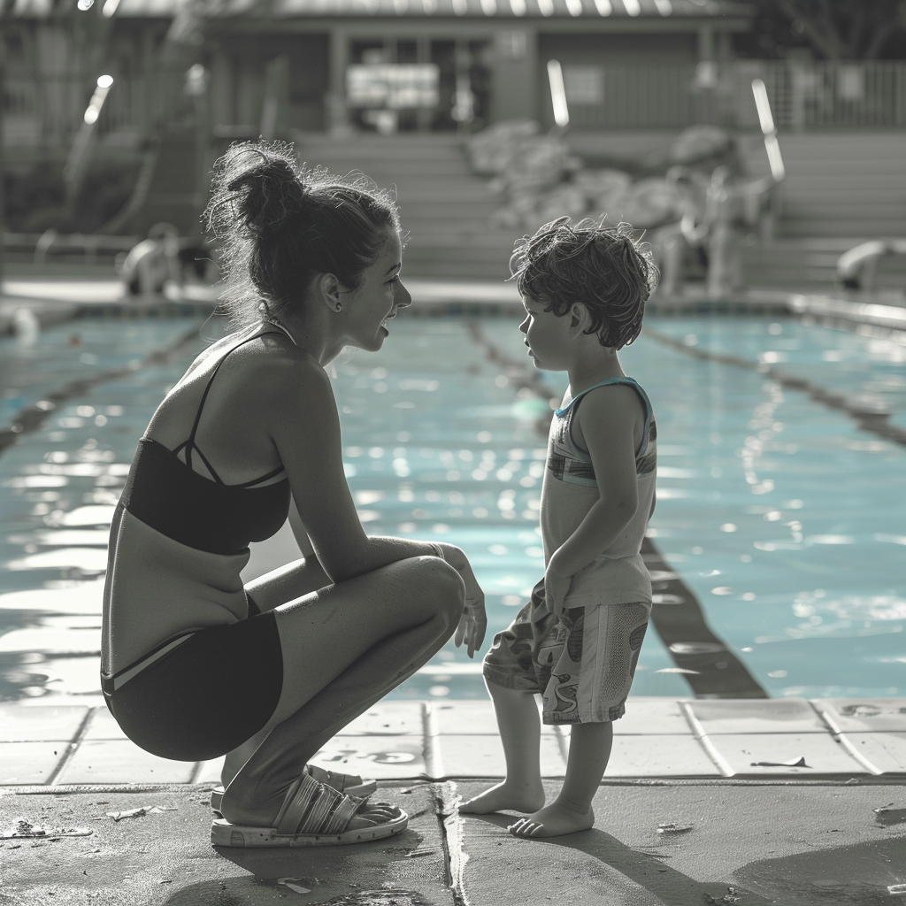 Mujer hablando con su hijo junto a la piscina | Fuente: Midjourney