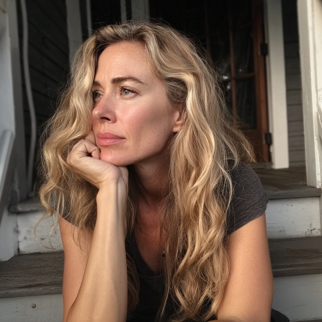 Una donna seduta sul gradino di un portico | Fonte: Midjourney