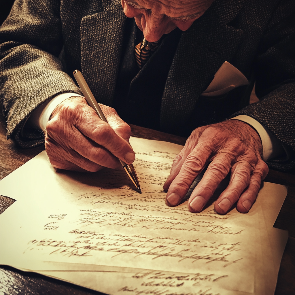 Un hombre firmando un documento | Fuente: Midjourney