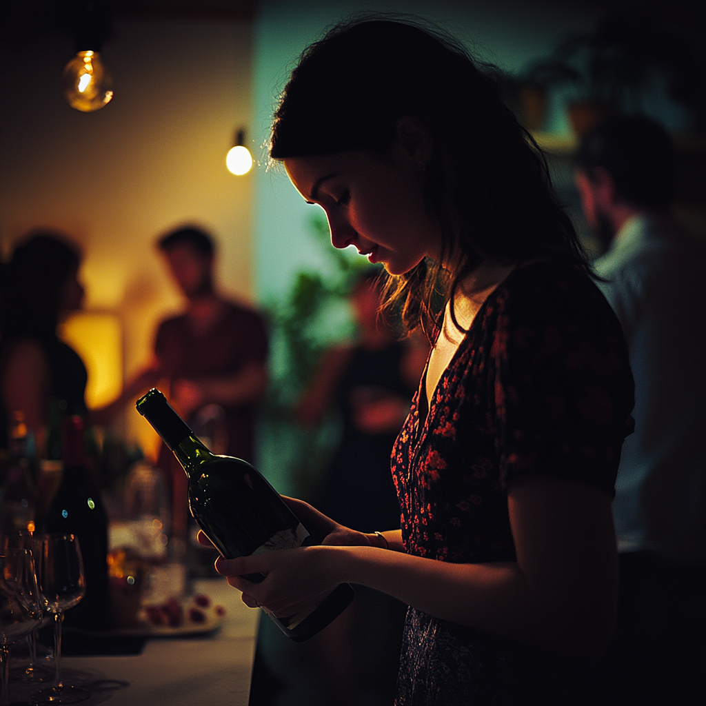 Una mujer sosteniendo una botella de vino en una fiesta | Fuente: Midjourney