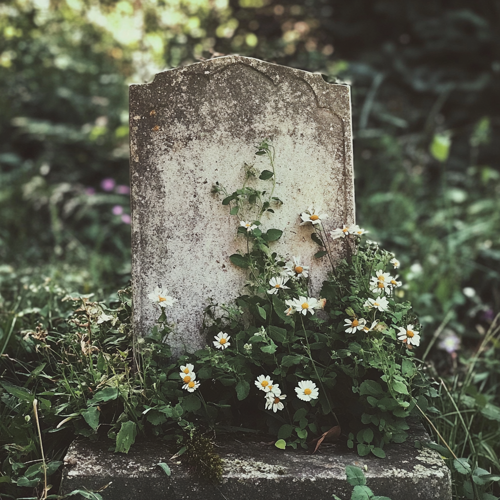 Una lápida con flores silvestres creciendo a su alrededor | Fuente: Midjourney