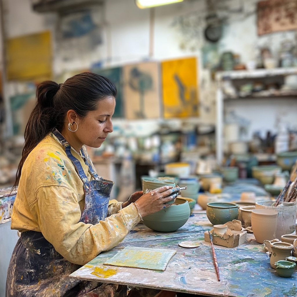 Mujer en una clase de cerámica y pintura | Fuente: Midjourney