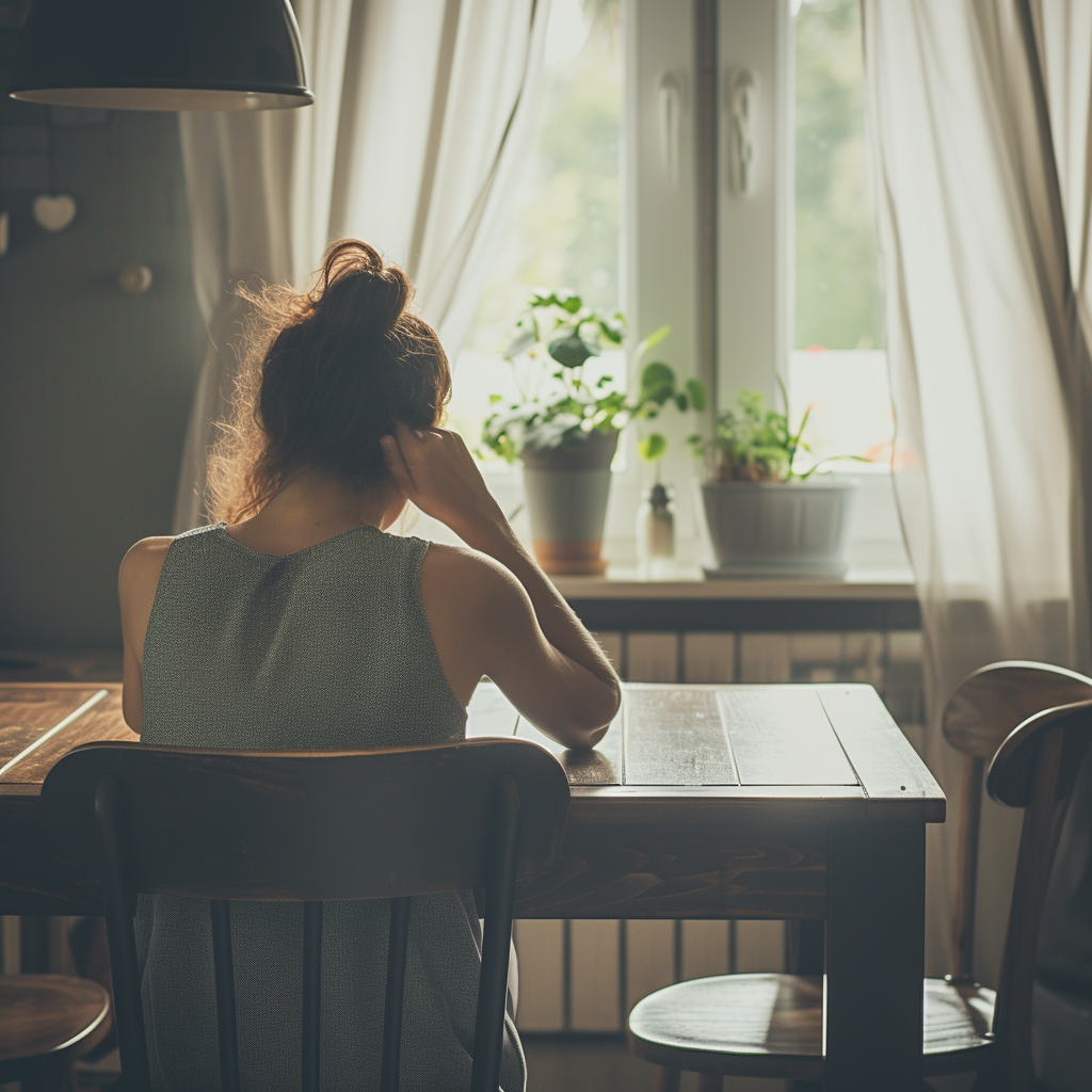 Una mujer disgustada sentada en una mesa | Fuente: Midjourney