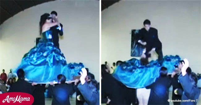 Vaporoso vestido de chica expone su ropa interior al caer estrepitosamente en fiesta de 15 años