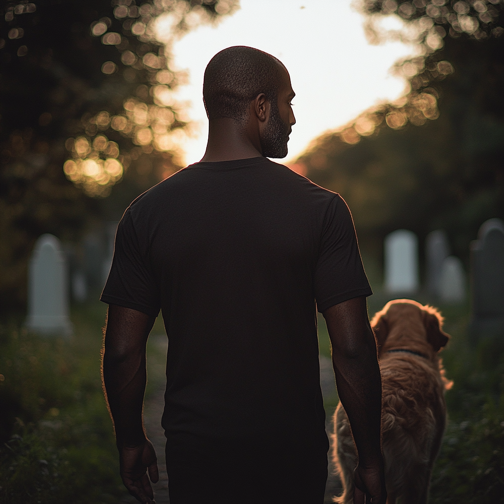 Un hombre con un perro en un cementerio | Fuente: Midjourney