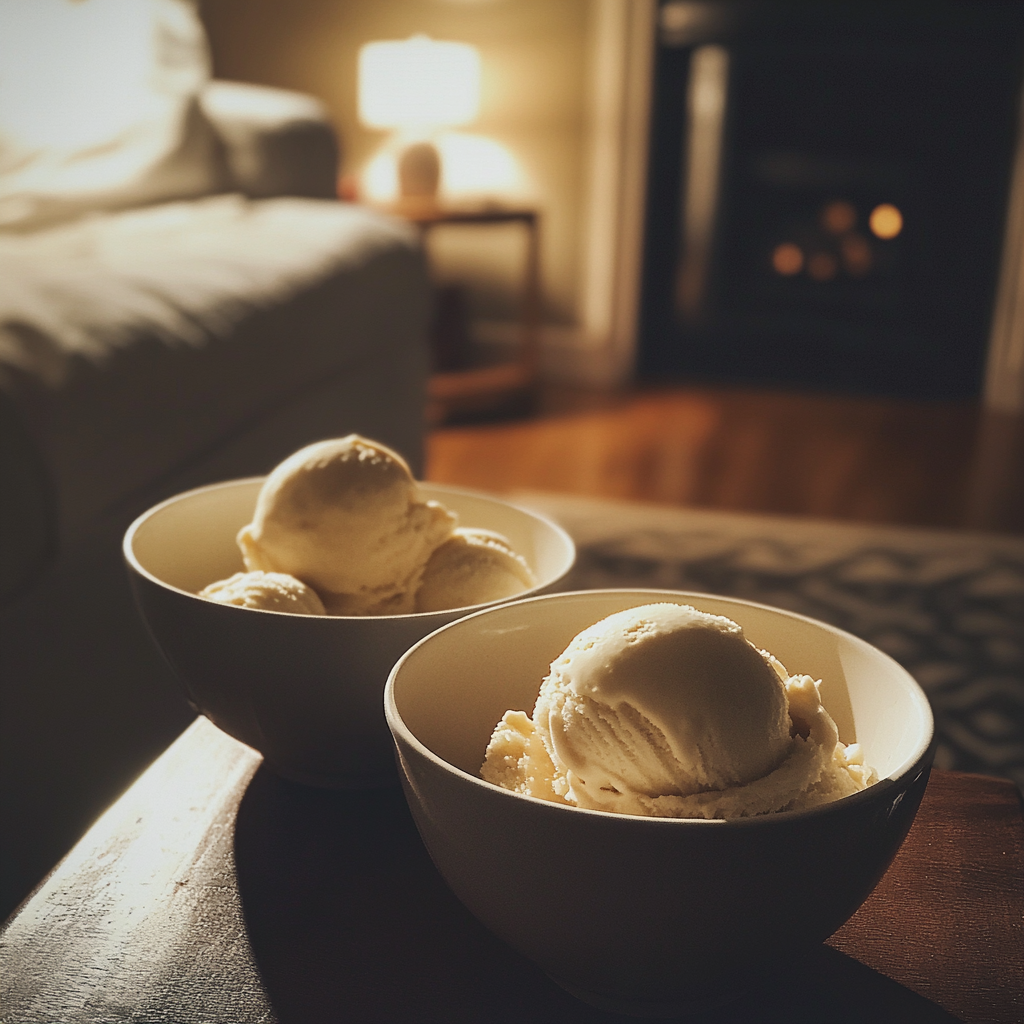 Cuencos de helado sobre una mesa de café | Fuente: Midjourney