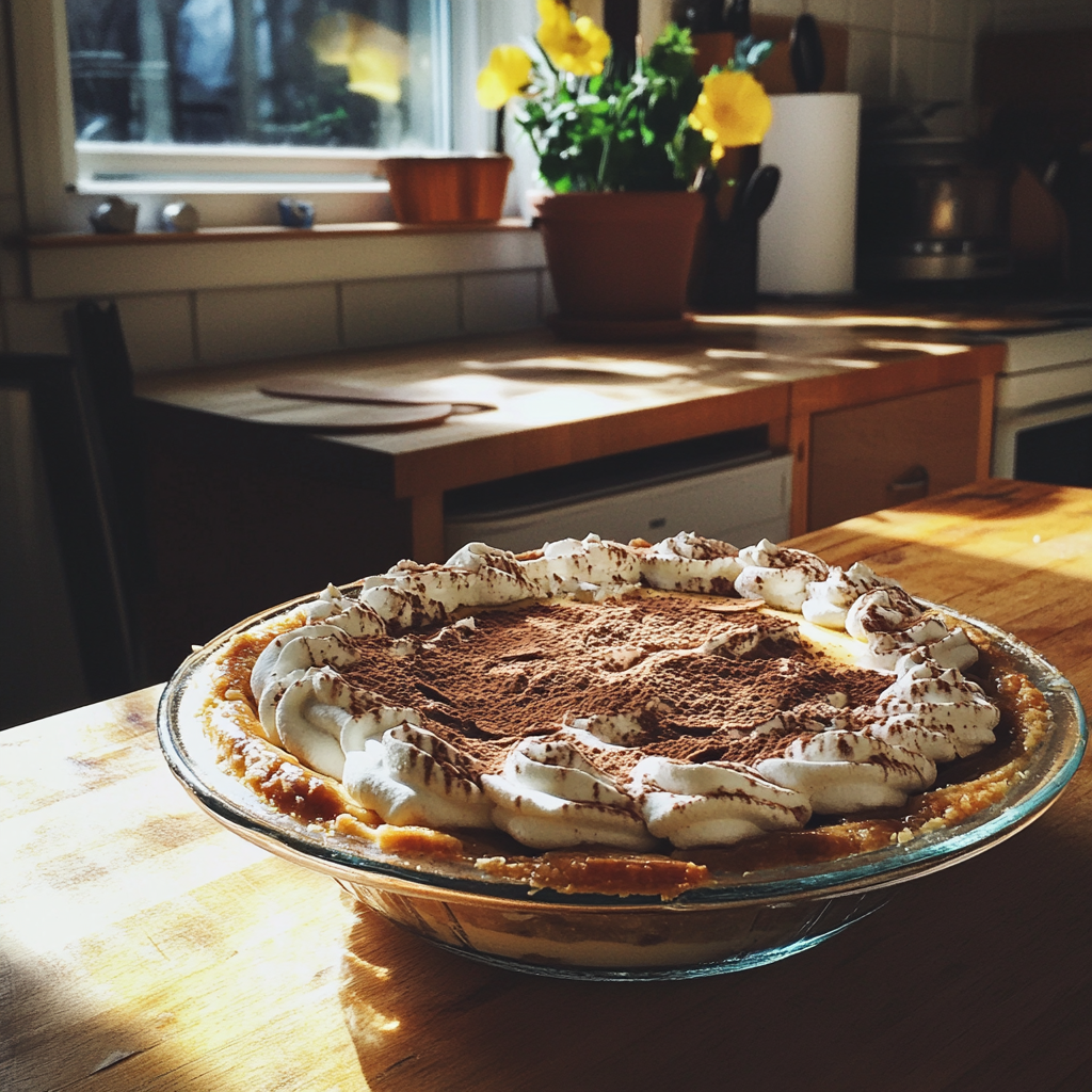 Una tarta de banoffee sobre una mesa de cocina | Fuente: Midjourney