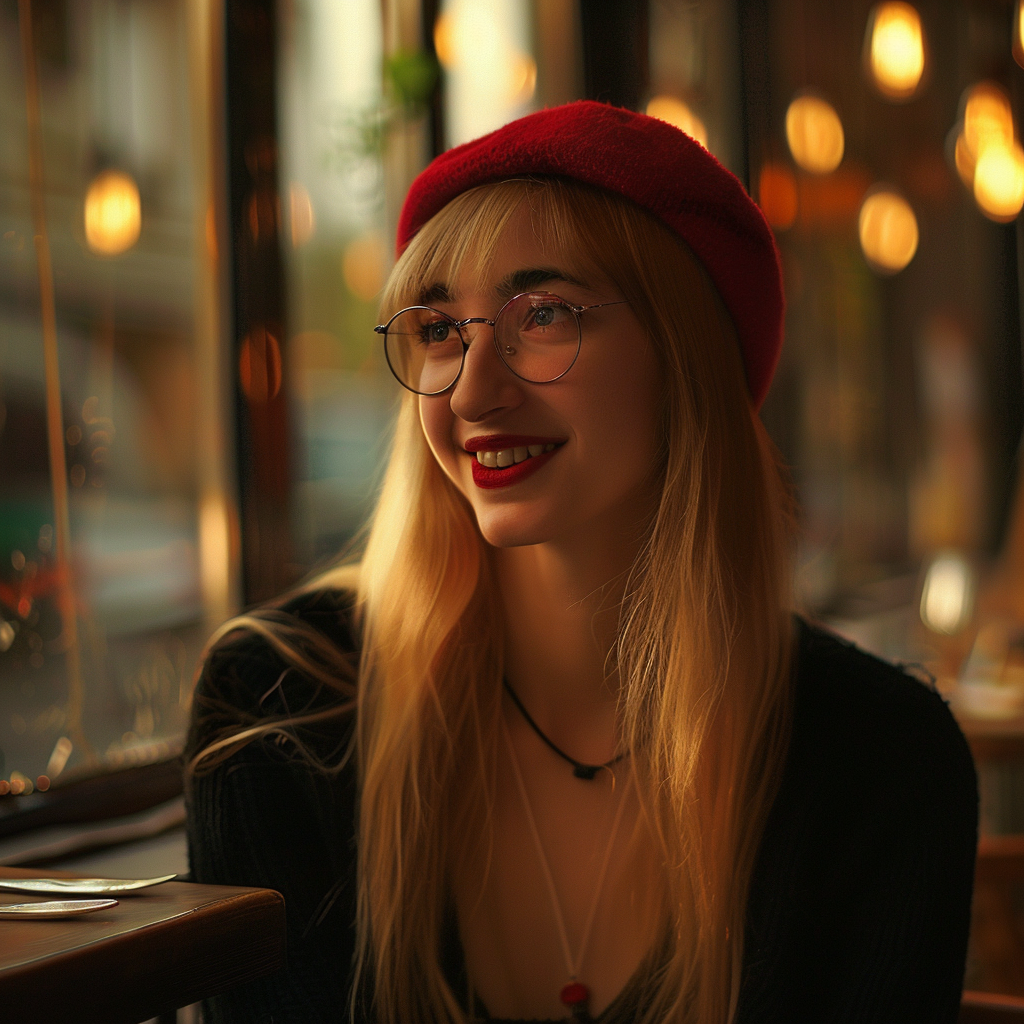 Una mujer sonriendo en un restaurante | Fuente: Midjourney