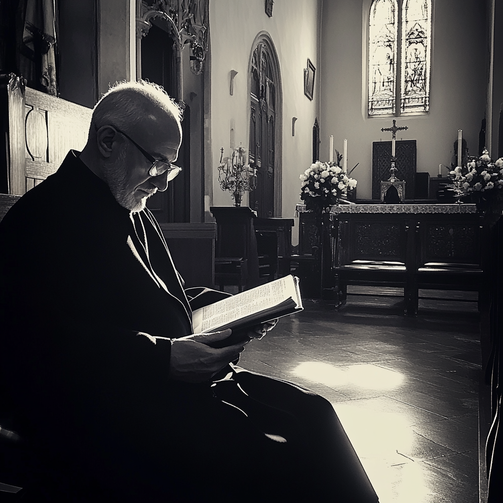 Un sacerdote sentado en una iglesia | Fuente: Midjourney