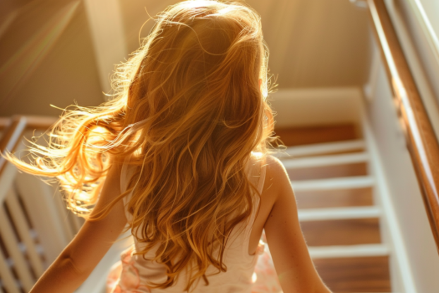 Una niña feliz corriendo escaleras abajo | Fuente: Midjourney