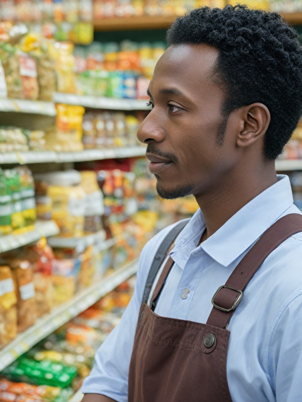 Un empleado de supermercado de pie en un pasillo | Fuente: Midjourney