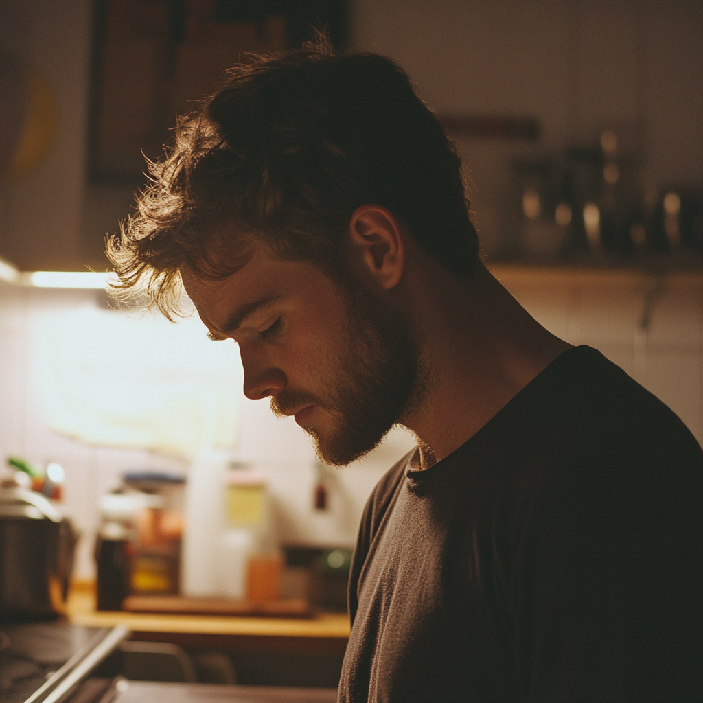 Un hombre serio mirando hacia abajo en su cocina | Fuente: Midjourney