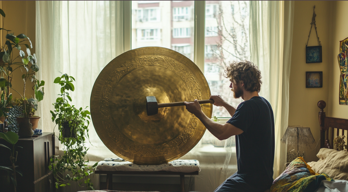 Un hombre golpeando un gong de latón | Fuente: Midjourney