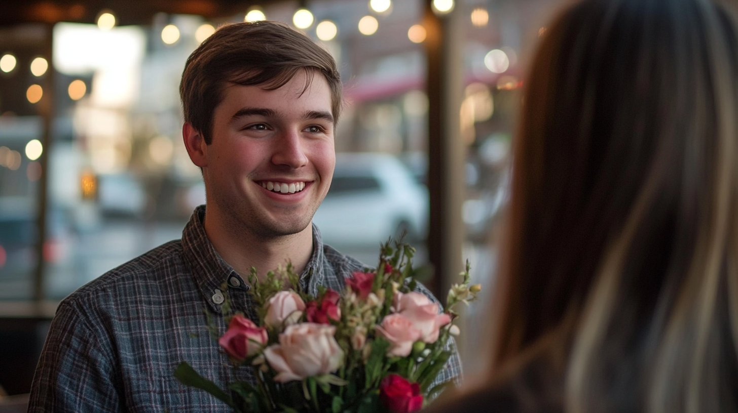 Un hombre sonríe mientras sostiene un ramo de flores | Fuente: Midjourney