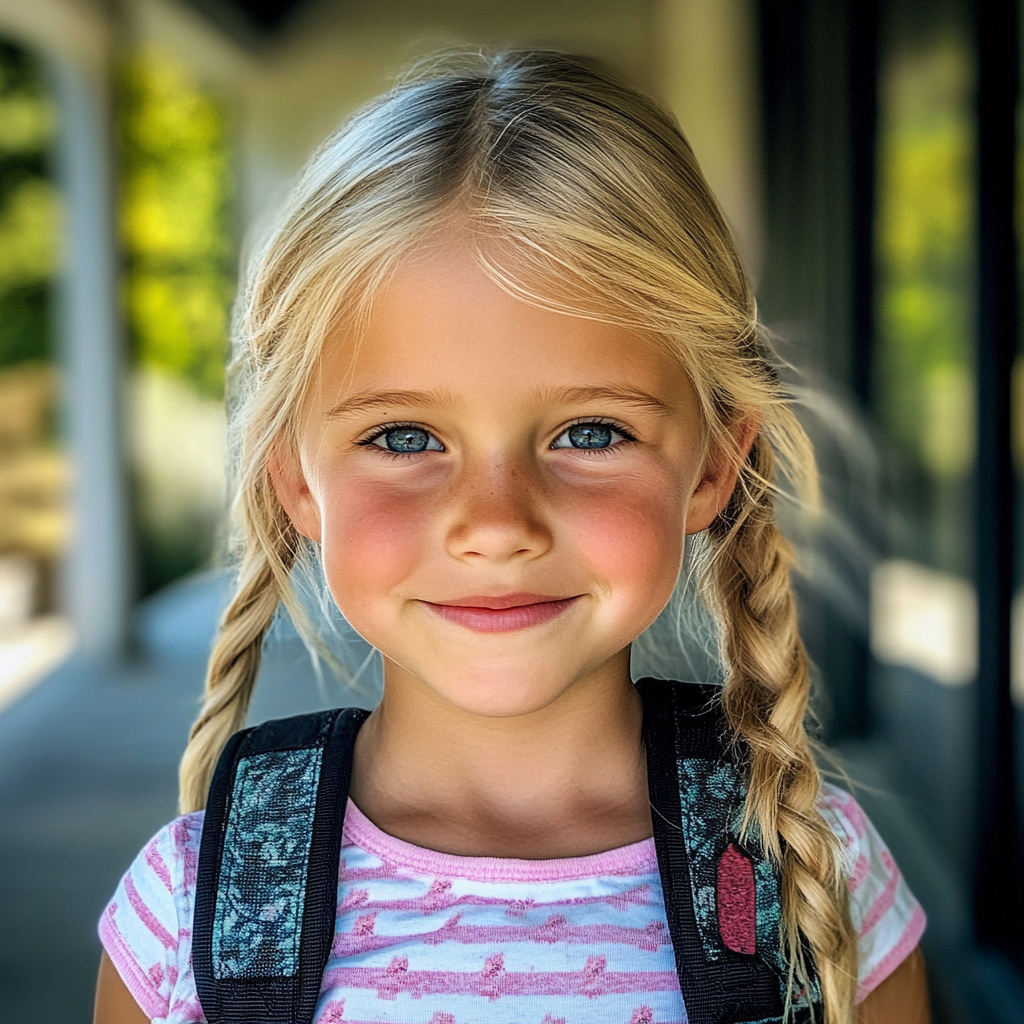 Una niña sonriente con una mochila | Fuente: Midjourney