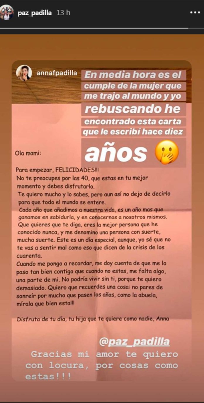 Captura de la carta de Anna Ferrer hacia su madre, compartida por Paz Padilla. | Fuente: Instagram Stories / paz_padilla