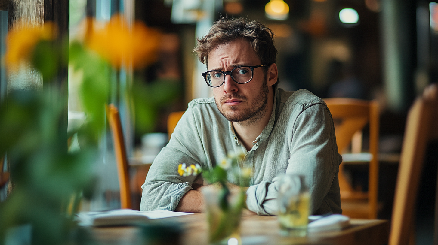 Un hombre con gafas esperando en una mesa | Fuente: Midjourney